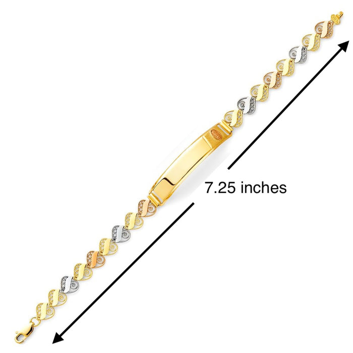 Esclava de Oro para Mujer 14k Eslabon Corazones Filigrano Tres Oros con Nombre Sobrepuesto